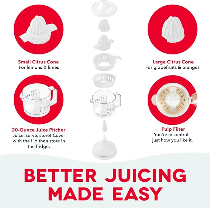 Dash Citrus Juicer Extractor: Compact Juicer for Healthy Juice, Oranges, Lemons, Limes, Grapefruit & other Citrus Fruit with Easy Pour Spout + 20 oz Pitcher - White