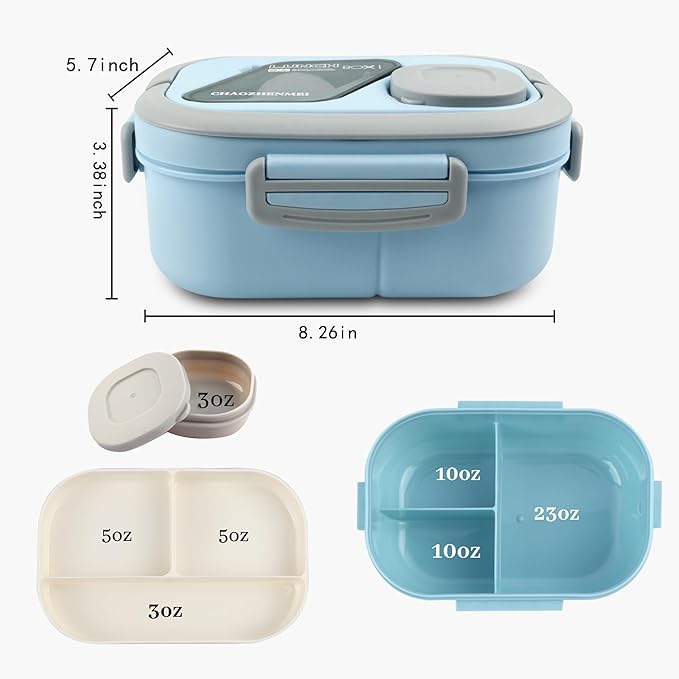 Adults Bento Lunch Box,Salad Container Large 43oz Salad Bowl, Bento-Style Tray for Toppings, 3oz Sauce Container for Dressings, and Built-In Reusable Fork