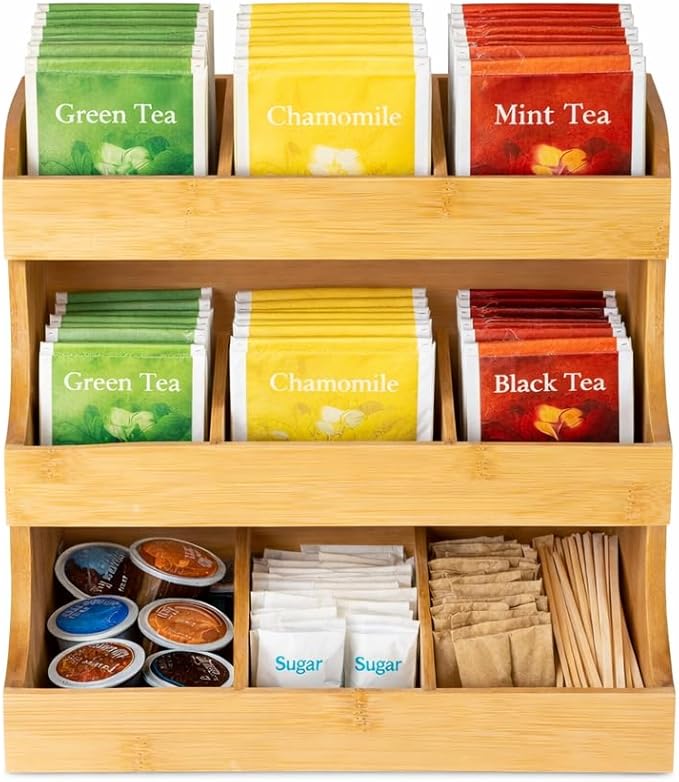 Theodore Tea Bag Organizer – Wooden Tea Organizer and Storage for Home, Kitchen, Office – 180 Tea Bag Holder - Vertical Display Tea Box. Also for Coffee Pods, Sugar, Sweeteners and Creamers.
