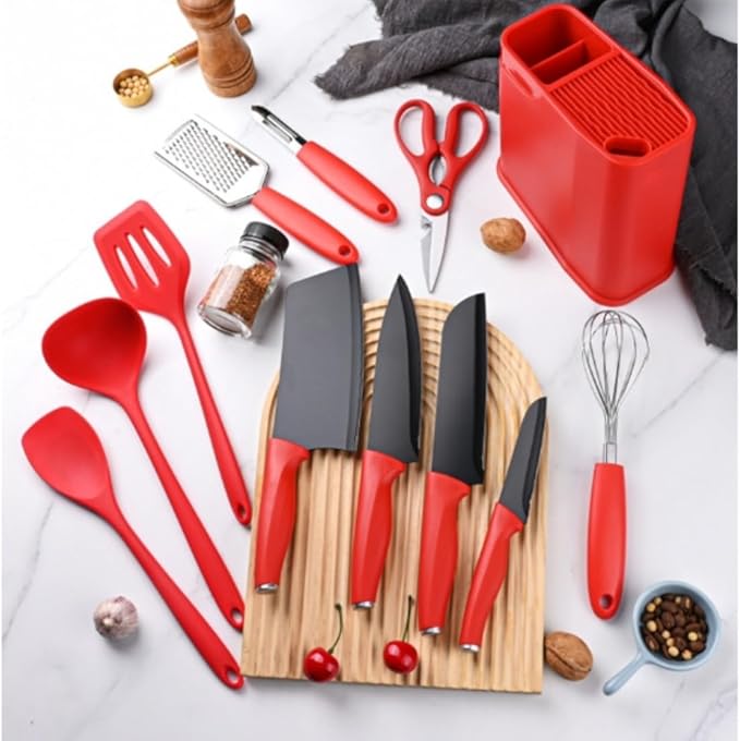12-Piece Silicone Kitchen Utensil Set with Stainless Steel Knives – Heat-Resistant Spatula, Spoon, Peeler, Non-Scratch Cooking Tools for Baking, Frying & Grilling (Red)