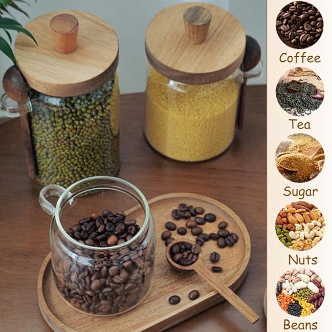 ANSQU Glass Jar with Wooden Lid & Spoon, 27oz Food Storage Containers Coffee Jar Coffee Grounds Container, Glass Food Storage Canister (1 Pack)