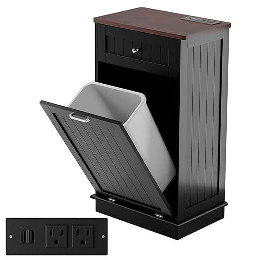 Betterhood Double Tilt Out Trash Cabinet with Power Outlet, 10 Gallon Trash Cabinet with Storage,Pet Proof Trash Can with 2 AC & USB Sockets for Kitchen,Living Room (Black, Single Door)
