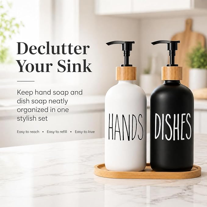 Dish Soap Dispenser for Kitchen Sink.Glass Hand Soap Dispenser, Modern Farmhouse Decor for Bathroom,Kitchen Sink Decor