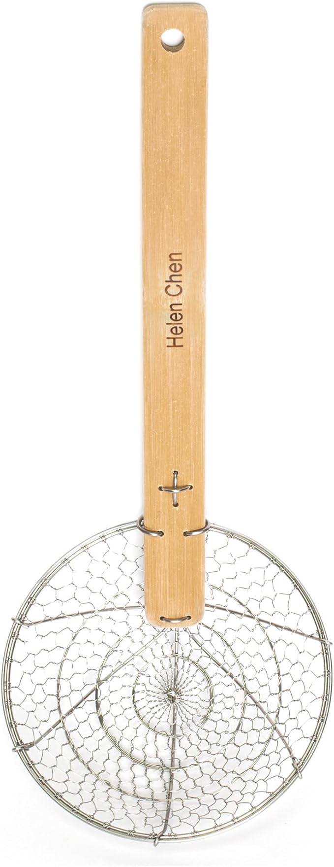Helen’s Asian Kitchen Spider Strainer | 7-Inch Stainless Steel Wire Mesh Ladle with Sustainable Wood Handle for Large Batch Cooking and Frying