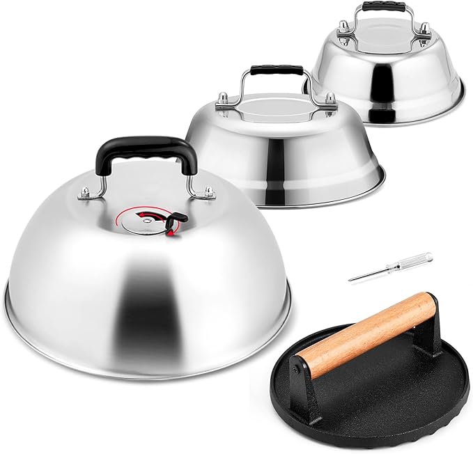 3Pcs Basting Cover & Smash Burger Press, Leonyo 12"- 9"- 6.5" Melting Dome for Griddle, Cast Iron Bacon Press Griddle Steam Dome Lids Smash Burger Kit for Kitchen, Outdoor BBQ Flat Top Grill