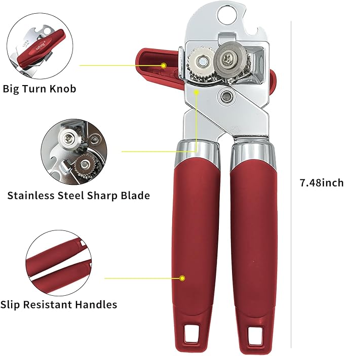 Can Opener Manual, Handheld Strong Heavy Duty Stainless Steel Can Opener, Comfortable Handle, Sharp Blade Smooth Edge, Can Openers with Multifunctional Bottle Opener, Red