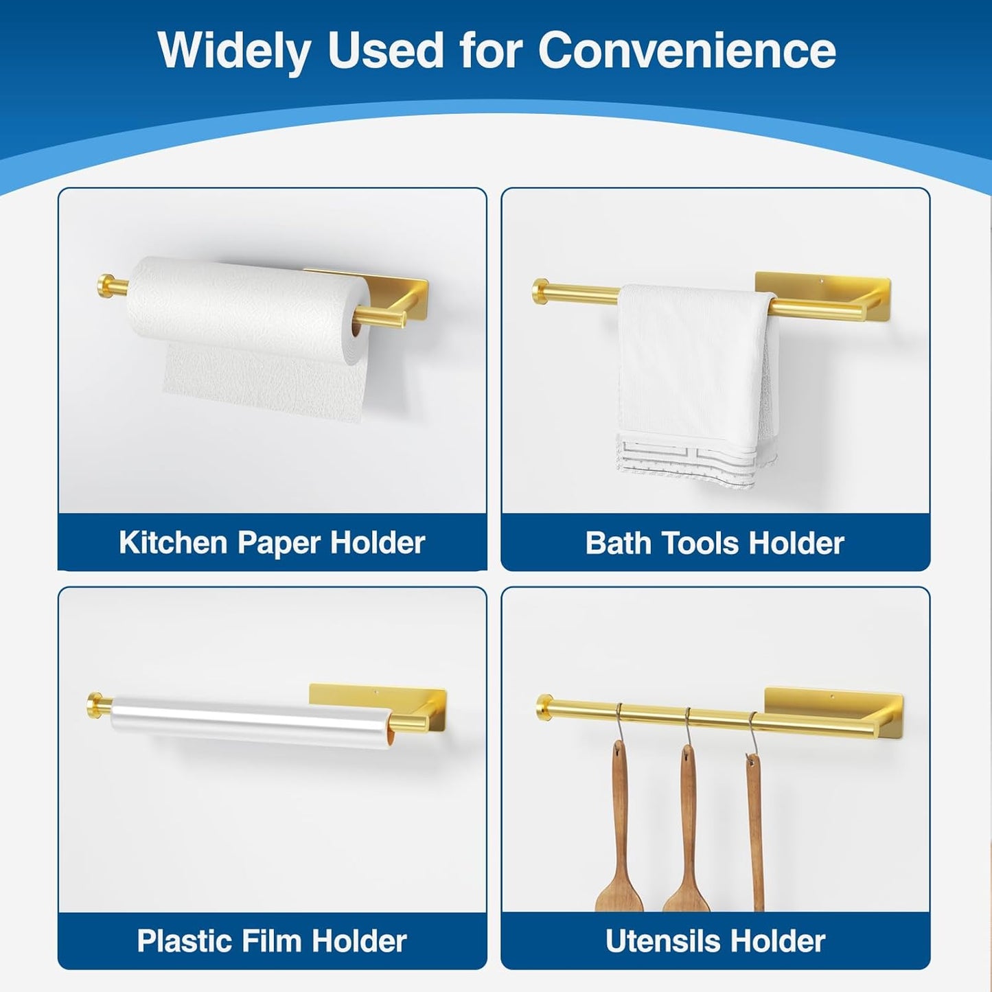 Paper Towel Holder - Self-Adhesive or Drilling, Gold Wall Mounted Rack - SUS304 Stainless Steel Kitchen Roll Holder Under Cabinet (2 Pack)