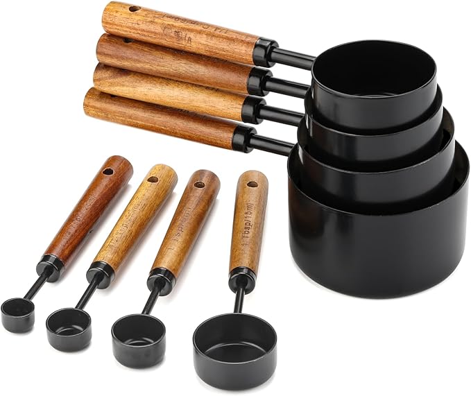 Measuring Cups and Spoons Set Stainless Steel Measuring Cups and Spoons with Wood Handle for Dry and Liquid Ingredient