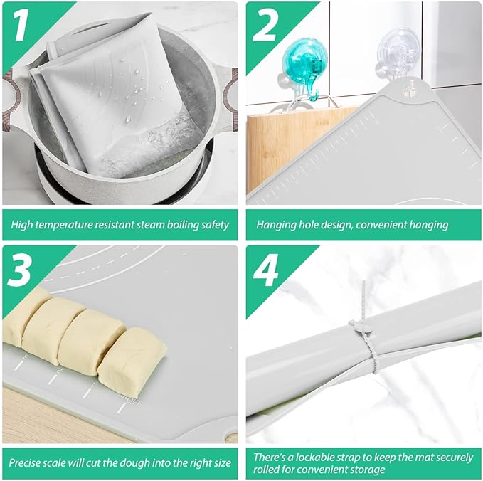 Silicone Pastry Mat 28"*20" Extra Thick Non Stick Baking Mat Food Grade Silicone Dough Rolling Bake Mat with Edge Heightening Light Grey