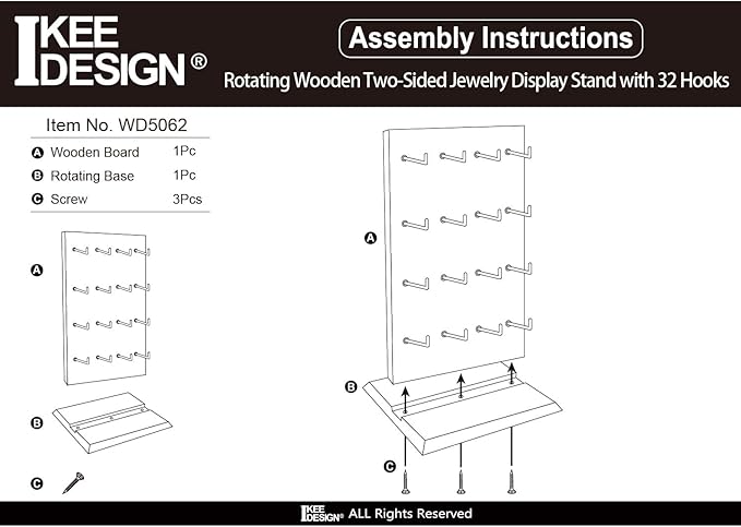 Ikee Design Wooden Rotating Two-Sided Jewelry Display Stand, Rotating Organizer with 32 Long Hooks for Store, Keychain Earring Display, Brown color, 9.1W x 7.5 D x 17.1 H in