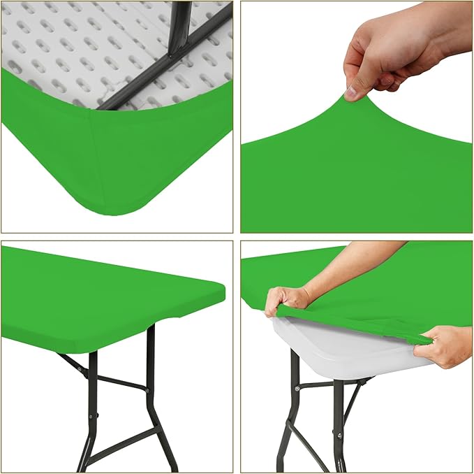 10 Pack Fitted Tablecloth for 8 Foot Rectangle Tables, Green Elastic Outdoor Picnic Table Cover, Washable Stretch Folding Table Cloths 8 ft for Camping Party Patio Kitchen Banquet, 30" W x 96" L