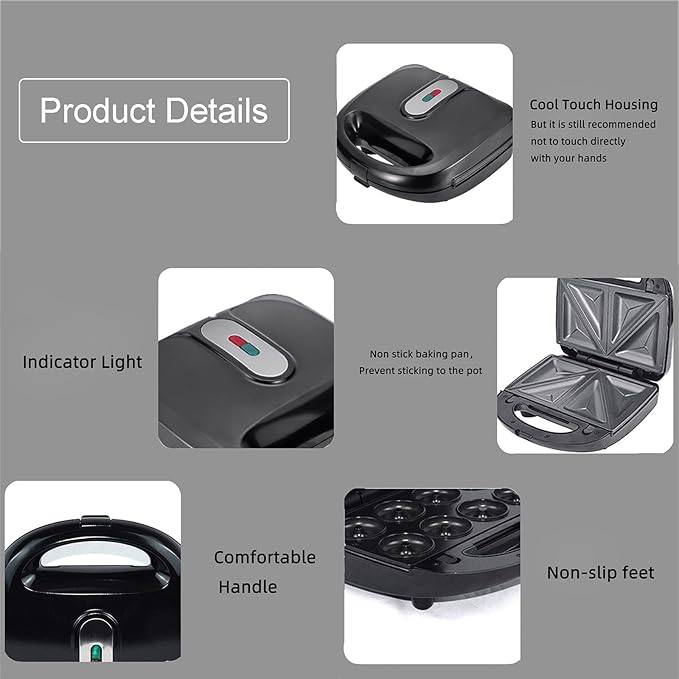 10 in 1 Waffle Maker with Removable Plates, 750W Electric Breakfast Sandwich Maker with Non Stick Coating, Compact Dual Panini Press Grill Machine for Donuts, Madeleine, Burgers, Snacks and Desserts