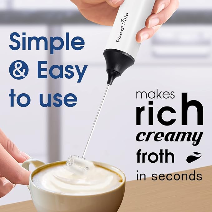 FoodVille MF05 Rechargeable Milk Frother USB Charging Handheld Foam Maker with Stainless Balloon Whisk for Cappuccino, Latte, Bulletproof Coffee, Keto Diet, Protein Powder, Matcha (White)