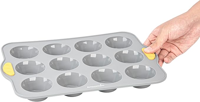 Restaurantware Silicone Baking Mold Pack of 1 Non-Stick Muffin Mold with Handles 12 Compartments, Oven-Friendly Dishwashable Freezer-Friendly Heat-Resistant Gray Silicone Cupcake Muffin Pan
