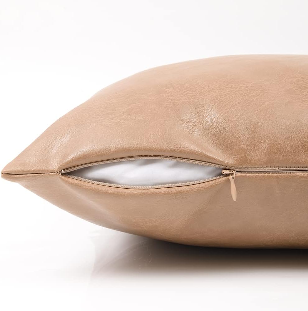 Fancy Homi Tan Lumbar Waterproof Faux Leather Decorative Throw Pillow Covers 12x20 Inch for Living Room Couch Bed, Beige Hand Stitched Cushion Case 30x50 cm, Taupe Modern Farmhouse Home Décor