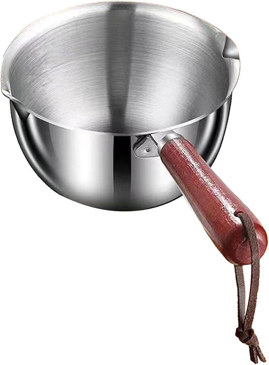 Butter Warmer Pot, 300ml 4.1x2.36in Milk Pot for Stove, Versatile Small Stainless Steel with Pour Spout and 4in Wooden Handle for Melting Butter, Heating Sauces, or Making Coffee
