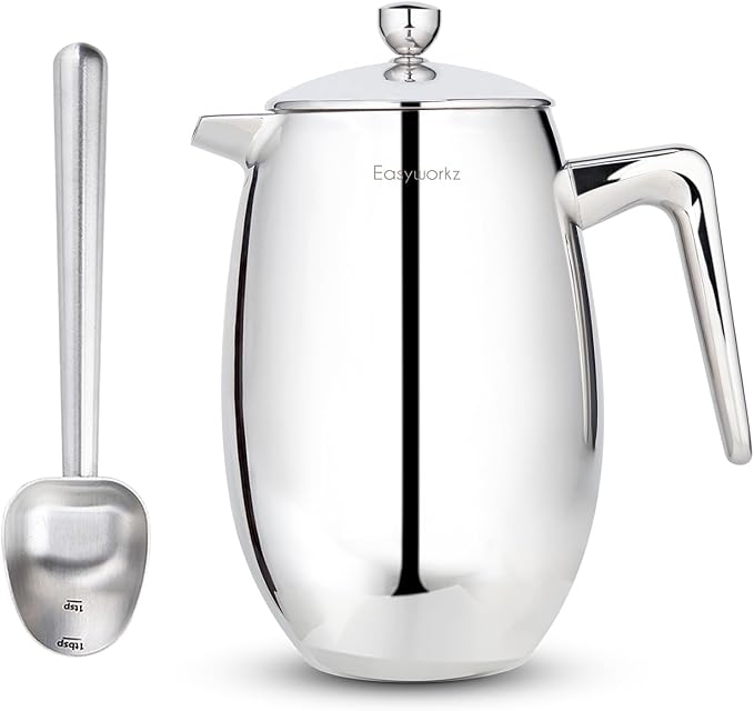 Easyworkz Stainless Steel Long Hollow Handle Coffee Scoop,7g Measuring Spoon, Brushed Silver, Bundled with Easyworkz Nando French Press 34 oz Double Wall Insulated Thermal Coffee Maker