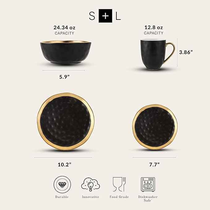 Stone Lain Florian Modern Porcelain Dish Set, 32-Piece Dishes for 8, Gold and Black