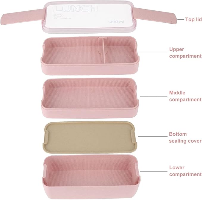 Rarapop 2 Pack Stackable Bento Box Japanese Lunch Box Kit with Spoon & Fork, 3-In-1 Compartment Wheat Straw Meal Prep Containers for Kids & Adults (Pink/Beige)