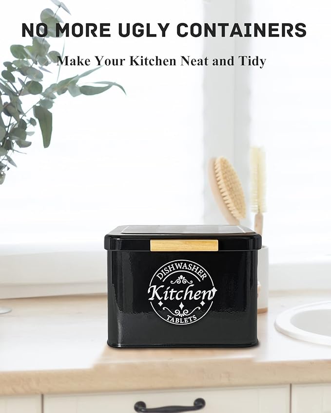 Dishwasher Pod Container with Hinged Lid. Farmhouse Metal Dishwaser Pods Holder for Kitchen Cabinet Organizer. Modern Kitchen Decor and Accessories. Dishwasher Detergent Tablet Storage (Black)