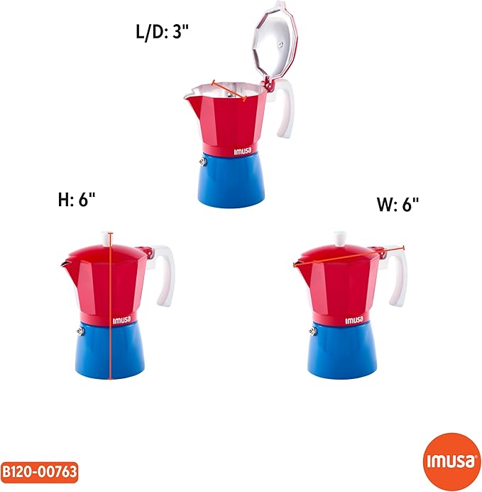 IMUSA Stovetop Espresso Maker 3 Cup Moka Pot Caribbean Colors Edition – Cuban Coffee, Italian Style, Demitasse, Cortadito, Cappuccino – Cast Aluminum Cafetera Espresso Azul Rojo Blanco