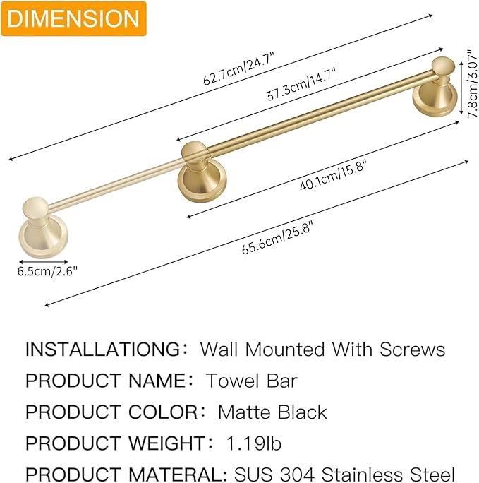 BESy Adjustable 16 to 26 Inch Bath Towel Bar Rack for Bathroom Towel Holder, Wall Mounted Towel Bar Rod Hanger Bathroom Hardware Accessories Hotel Style, Stainless Steel, Brushed Gold
