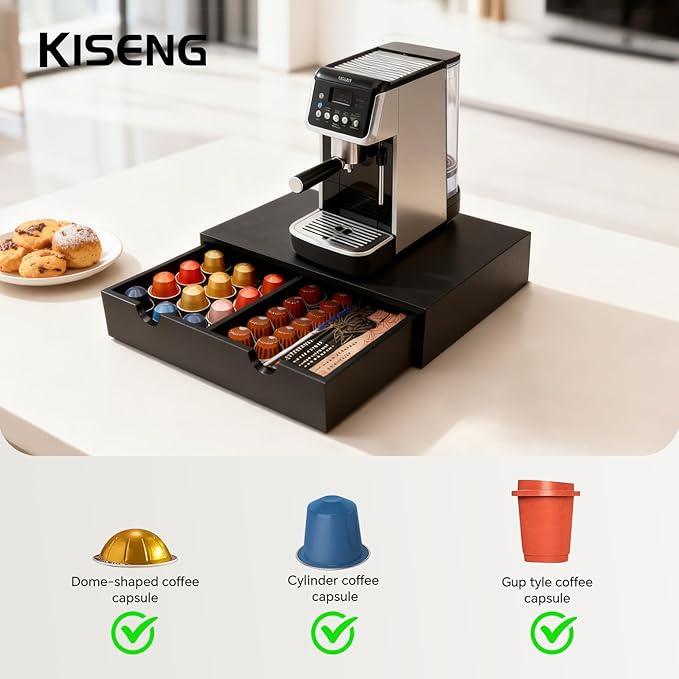 Coffee Pod 15" X 11" X 3" Natural Wood Countertop Organizer Drawer, Counter Top Espresso Tea Bag Station Storage Holder Box, Black