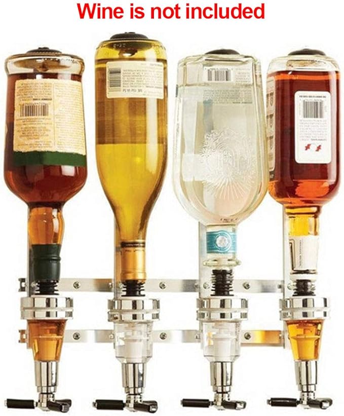 4 Bottle Liquor Dispenser, Wall Mounted Spirit Drinks Stand Optic, Spring-Loaded Wine Dispenser Stand Drinking Pourer Bottle Holder