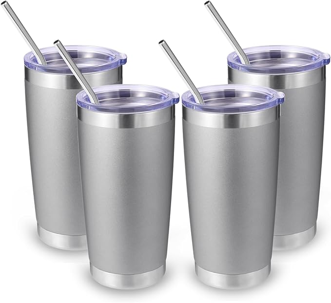 Volhoply 20oz Stainless Steel Tumbler with Lid and Straw Bulk 4 Pack,Double Wall Insulated Travel Iced Coffee Mug Fits Cup Holder,Powder Coated Cups for Hot/Cold Drinks,Christmas Gifts（Gray,4 Set）