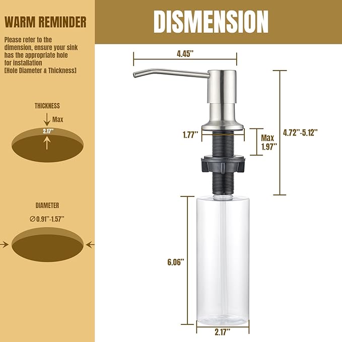 Built in Soap Dispenser for Kitchen Sink Countertop, Brushed Nickel Stainless Steel Soap Dispenser Pump Head Refill from the Top with 11 Ounce Transparent Soap Bottle