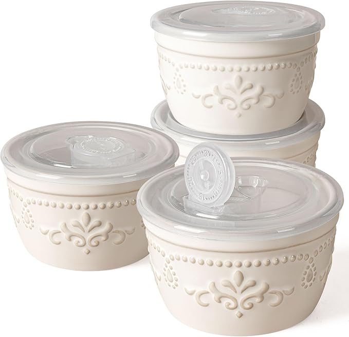 Artena Ramekins with Lids, Creme Brulee Ramekins Oven Safe, Ceramic Pudding Cups, Souffle Cups, Custard Cups, Dipping Sauce Cups, Food Storage Containers with Lids, Set of 4 (Damask Floral, 8 oz)