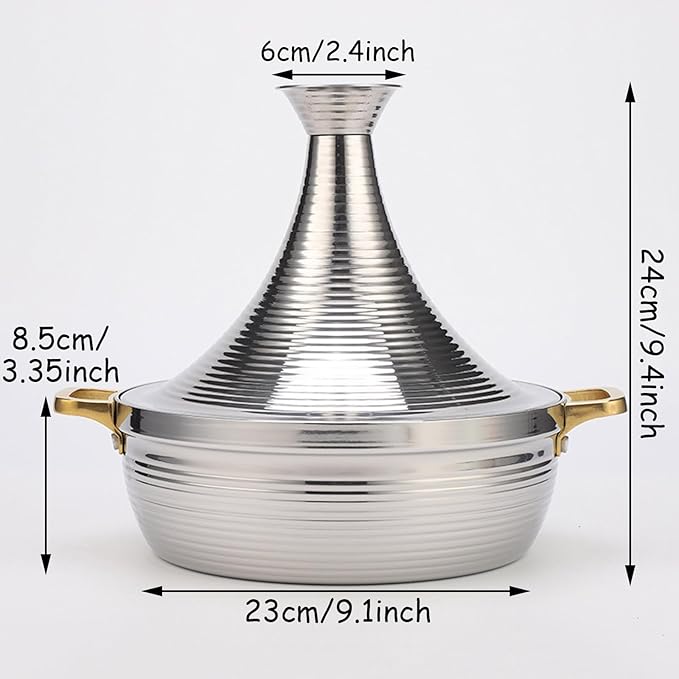 Moroccan Tagine Cooking Pot,Stainless Steel Non Stick Moroccan Casserole with 2 Handles,Large Moroccan Cooker Handmade Tagine Pot with Cone-Shaped Lid(23cm, Silver)