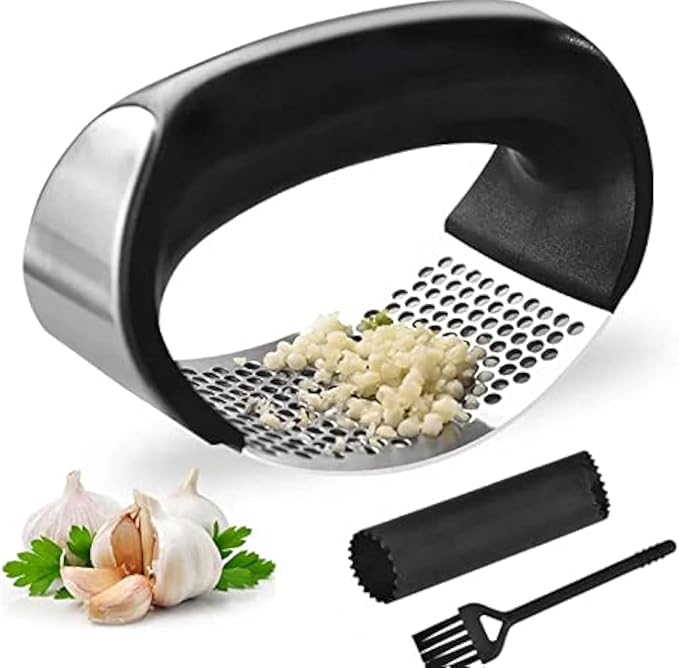 Angel's Peel Lounge Stainless Steel Garlic Press Rocker Set with Silicone Garlic Peeler & Cleaning Brush – Garlic Chopper, Mincer, Grater, Crusher – Easy for Crushed Cloves – Rust-Resistant, Black