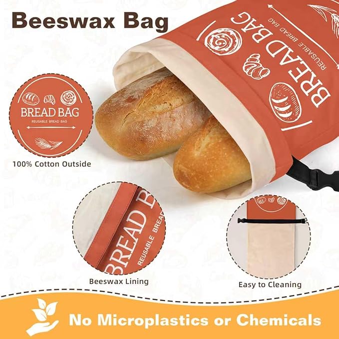 Bread Bags for Homemade, Beeswax Reusable Bread Bag for Sourdough, 1 Pack XL-Reusable Waxed Food Storage Bag to Keep Sourdough Fresh, Freezer-Safe, Eco-Friendly (Orange)
