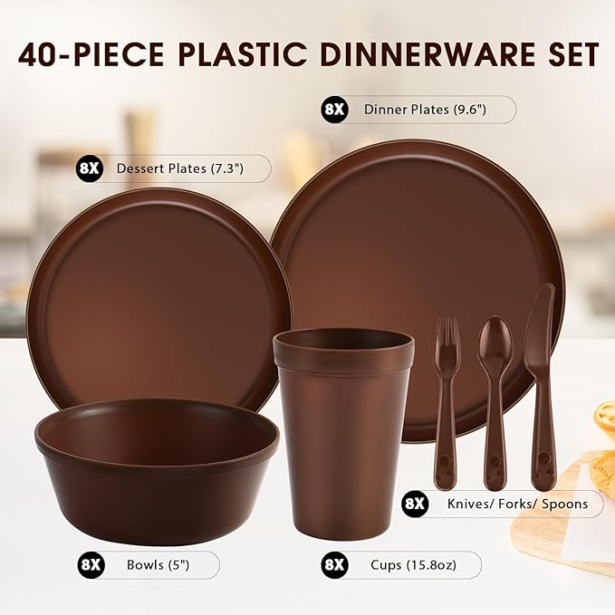 40 Piece Plastic Dinnerware Set for 8 with Cutlery, Unbreakable Plates and Bowls Set, Dishwasher & Microwave Safe Reusable Dish Set for Camping, RV, Outdoor Kitchen, Apartment Dining, Brown