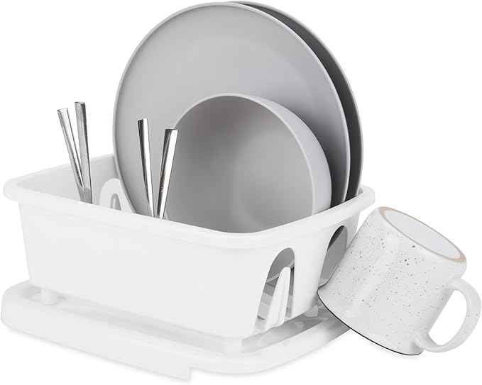 Camco RV Mini Dish Drainer & Tray - Features a Sloped Drain Tray Design, Heavy-Duty Construction - Ideal for Small Spaces, Apartments, Boats, and More -9.5" L x 11.7" W x 4.75" H - White (43511)
