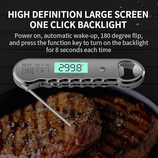 Professional Digital Meat Thermometer with Bottle Opener, Instant Read in 0.5 Sec, ±0.5℉ Accuracy, Premium Plastic Body with Vacuum Electroplating Technology，Waterproof with Auto-Rotate LED Screen