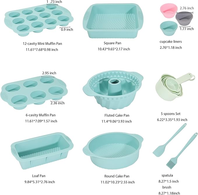 25 PCS Silicone Baking Pans Set, Nonstick Bakeware Sets with Round/Square Cake Pans, Muffin Pan, Baking Cups and Spoons for Bread, Cupcakes and Desserts