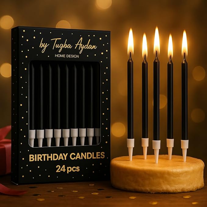 by Tugba Aydan - Black Birthday Candles-24 Count Long Thin Black Birthday Candles for Cake, Metallic Cake Candle for Birthday, Party Candles