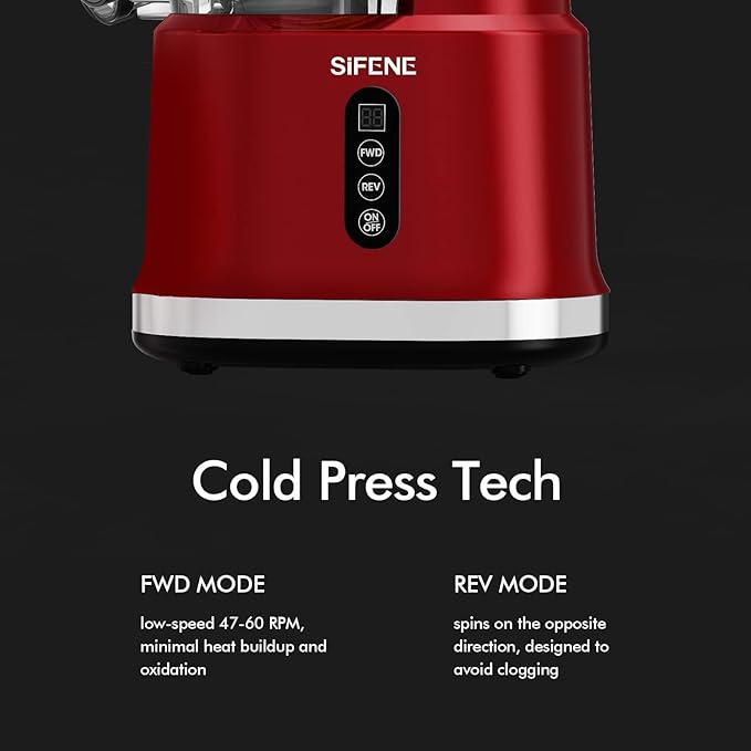 SIFENE Cold Press Slow Masticating Juicer Machine, Juice Extractor for Vegetables & Fruits, Dual Mouth 83mm Wide Chute, High Juice Yield, BPA Free, Easy-Clean, Compact Stylish Red Design