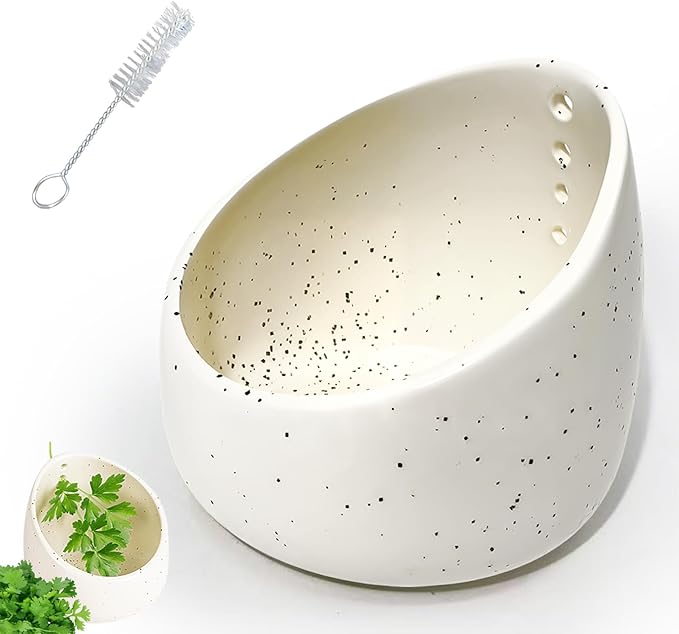 Ceramic herb stripper bowl,a 4-hole kitchen & garden tool with ergonomic handle for easy herb stem removal. Easy to clean, perfect for home cooks & gardeners (White)