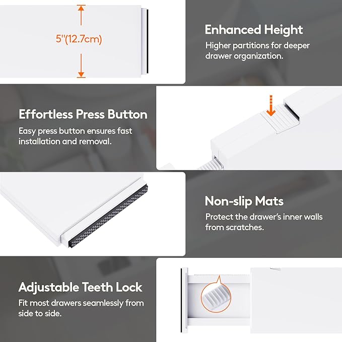 Lifewit 6 Pack 5" High Drawer Dividers 34-56cm/13.5-22" Adjustable Drawer Organizer for Clothes/Utensils, Expandable Drawer Separator in Dresser/Kitchen/Bedroom/Office Organization & Storage White