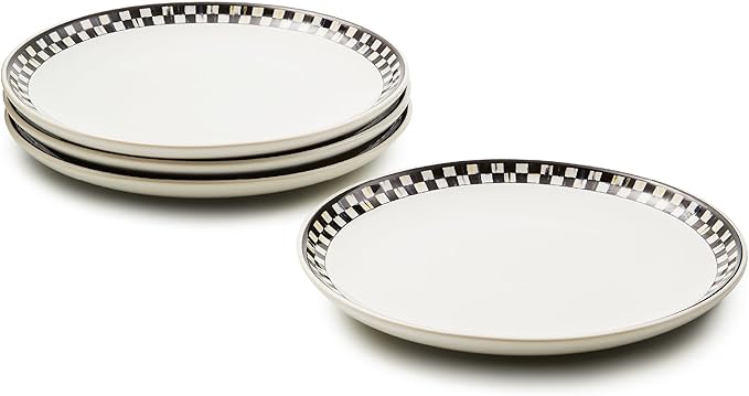MACKENZIE-CHILDS Set of 4 Everyday Lunch Plates, Microwave-Safe and Dishwasher-Safe Stoneware Plates, Black-and-White Courtly Check