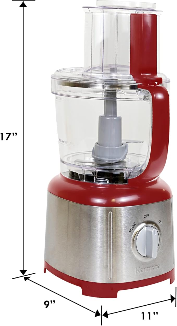 Kenmore 11-Cup Food Processor and Vegetable Chopper with Reversible Slicing/Shredding Disc, Chop, Slice, Shred, Mince, Grate, Puree, Stainless Steel, 500W, Red and Silver