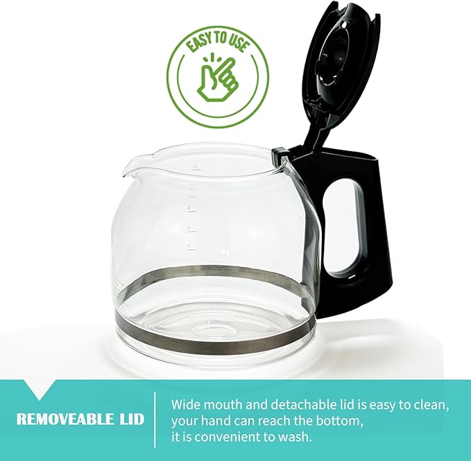 12-Cup Replacement Glass Coffee Carafe Compatible with Black and Decker Coffee maker Model CM0915BKD, Black Handle with Extra Lid, Product Height: 5.9 inch.