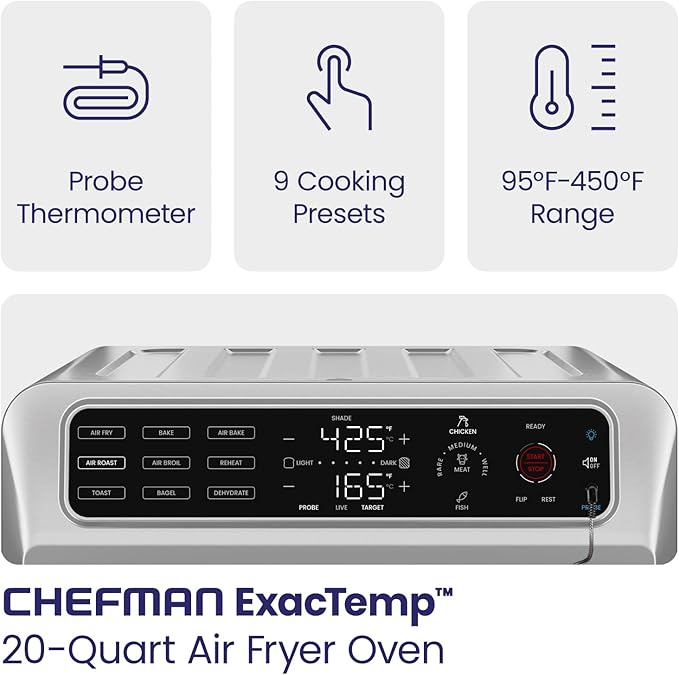 Chefman Air Fryer Toaster Oven Combo with Probe Thermometer, 12-In-1 Stainless Steel Convection Countertop, 10 Inch Pizza, 4 Slices of Toast, Cooking, Baking, Toasting, Roaster Oven Airfryer 20QT (Renewed)