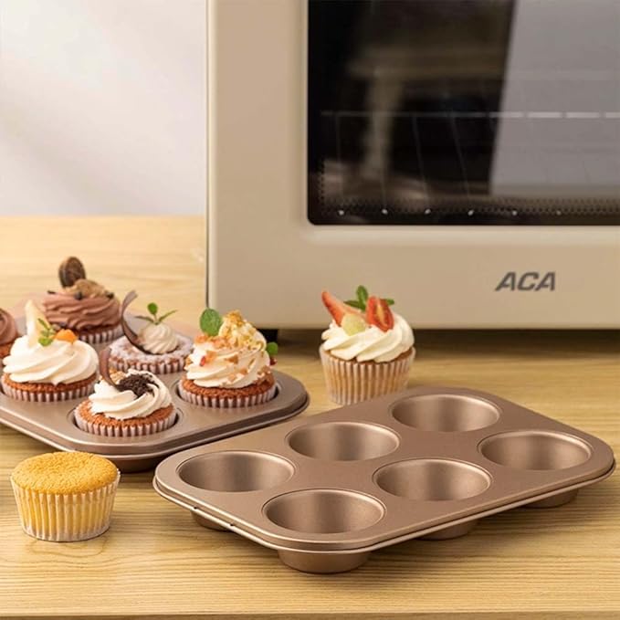 2 Packs Premium Steel Muffin Pan for Baking, Round Muffin Baking Pan, Baking Tray for Muffins, Cupcakes, Brownie(Gold, 6 Cup)