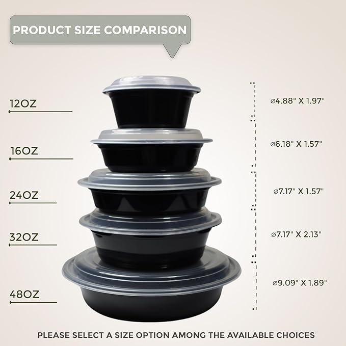 Klex 12 Oz, 50 Sets Meal Prep Containers with Airtight Lids, BPA Free, Reusable Plastic Food Container, 12 oz, Round, Black/Clear, 50 Sets
