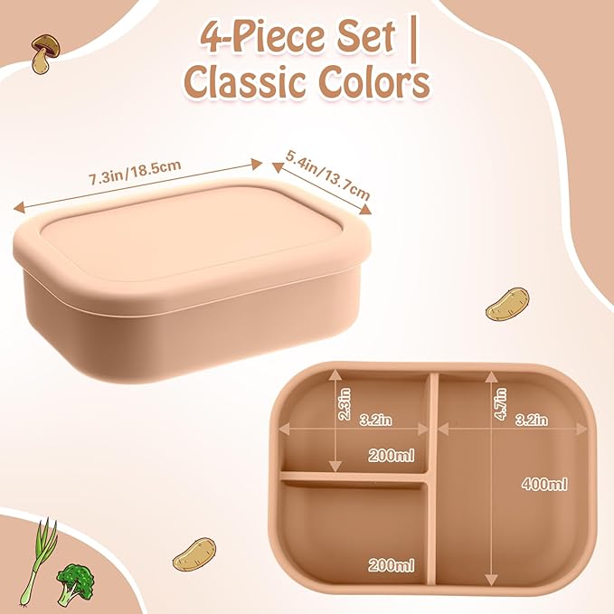 Honeydak 4 Pcs Silicone Bento Box for Adults, 3 Compartment Lunchable Food Container for Women Men, Leak Proof Microwave Dishwasher Freezer Safe (Yellow)