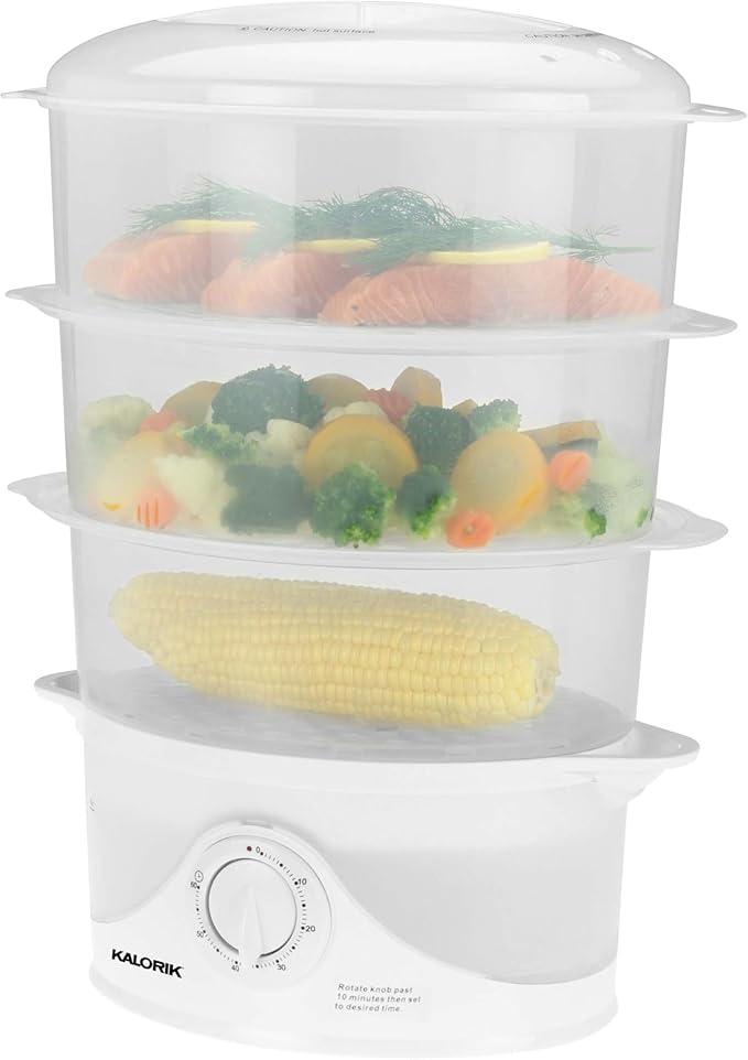 Kalorik Electric Food Steamer with Manual Controls 3-Tier with BPA Free Dishwasher Safe Baskets, 800 Watts and 60-Minute Timer Turbo Steam Feature and Easy Refill, 9-Quarts, White